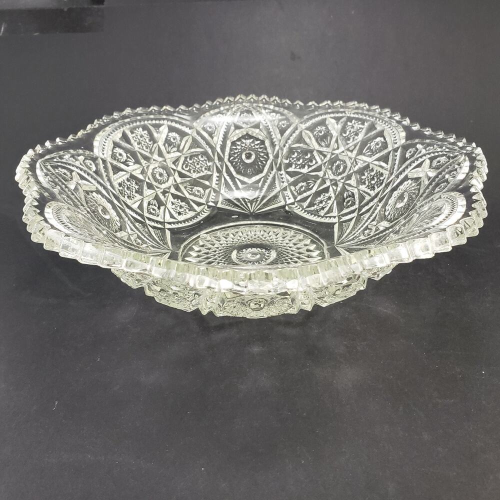 Antique Imperial Glass Hobstar Criss Cross Sawtooth Clear Bowl 10" c1909